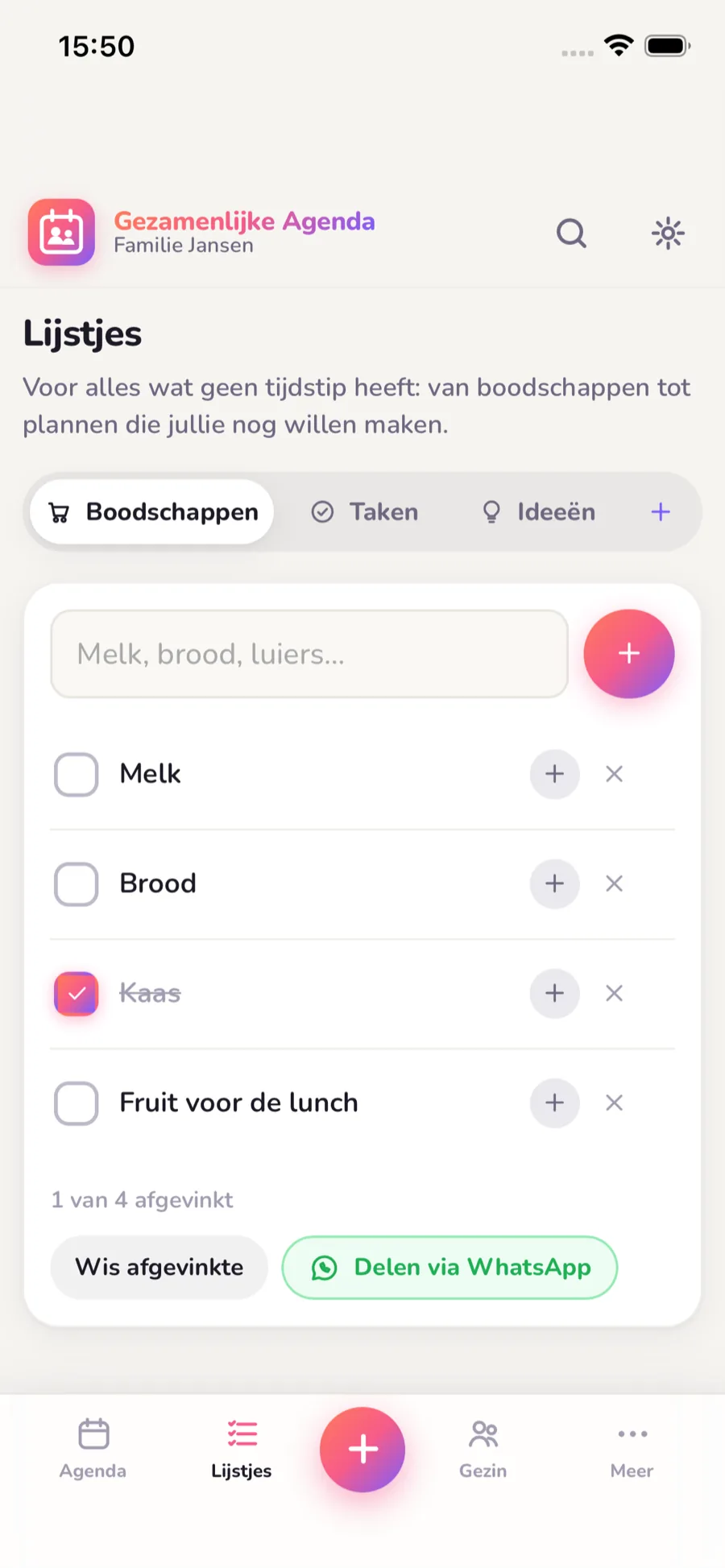 Gedeeld klaarzetlijstje voor de ochtendroutine in de app, met afvinkbare punten voor het hele gezin