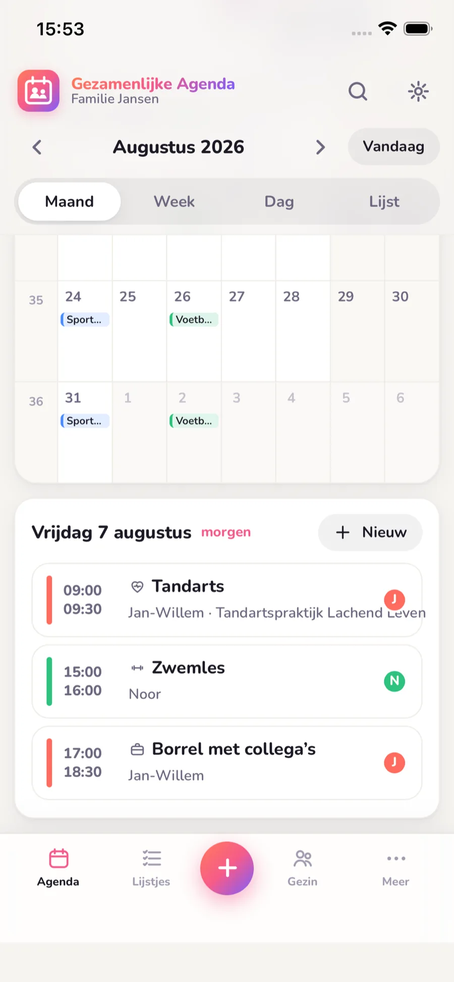Agenda gedeeld met je partner: dezelfde maand op twee telefoons, ieder met een eigen kleur