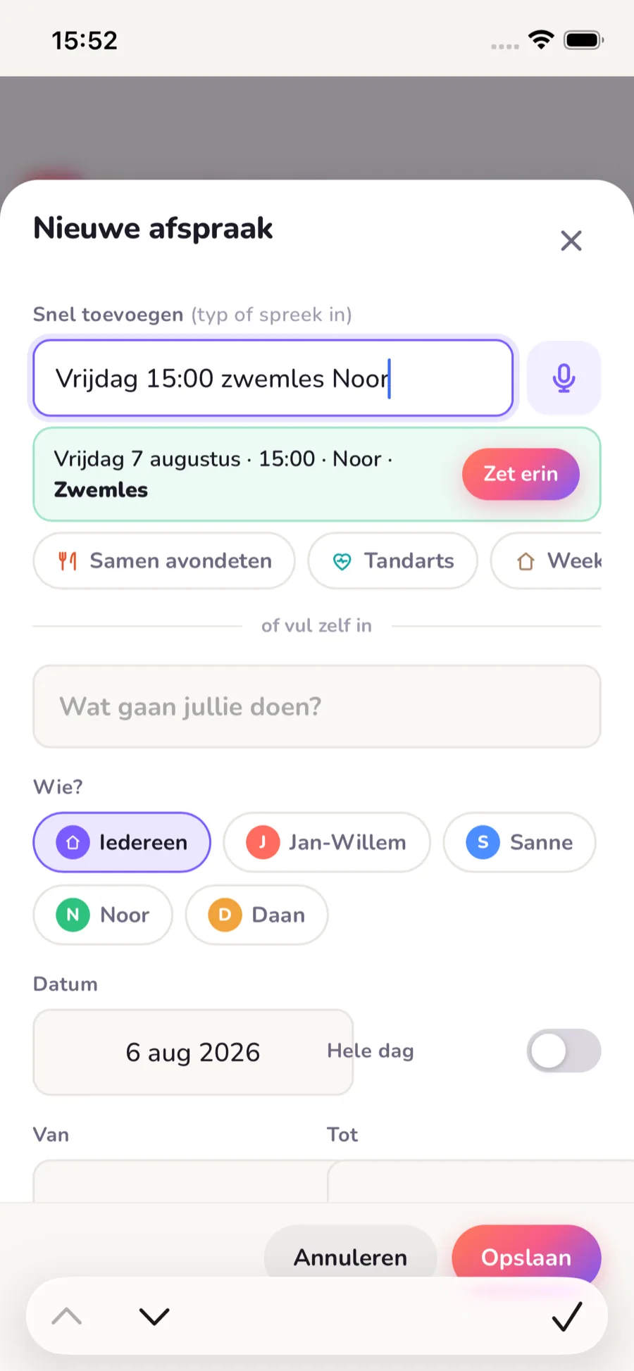 Snel toevoegen in de app: een ingesproken zin als dinsdag 20:00 kampen opzoeken wordt vanzelf een afspraak