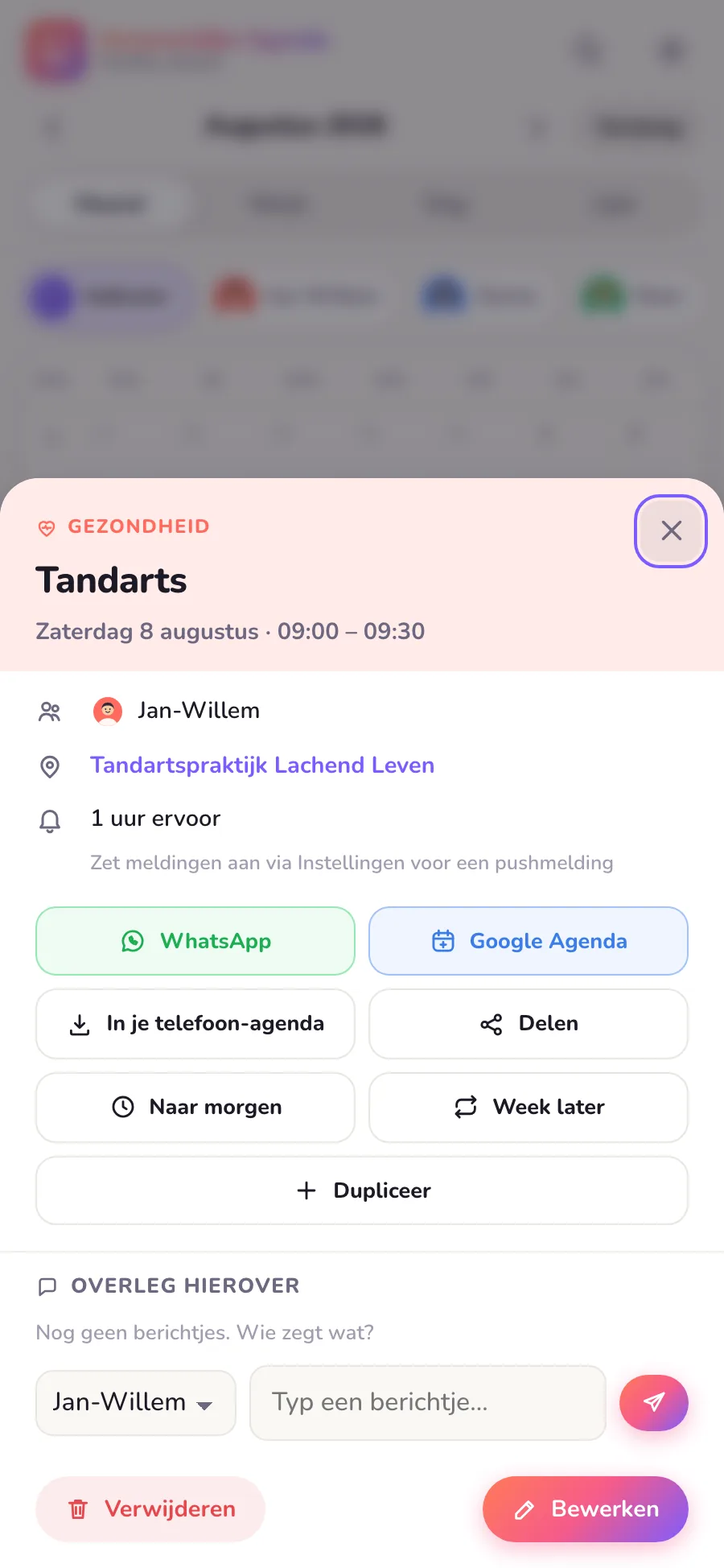 De detailkaart van een afspraak in Gezamenlijke Agenda met de knoppen Naar morgen, Week later en Dupliceer