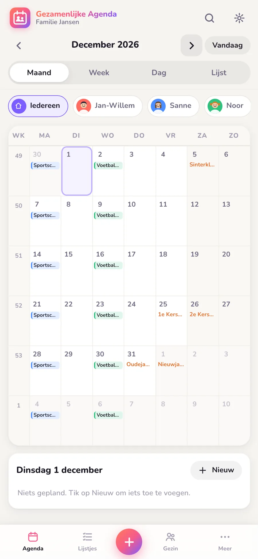 De maand december in Gezamenlijke Agenda met Sinterklaasavond, Eerste en Tweede Kerstdag en Oudejaarsavond