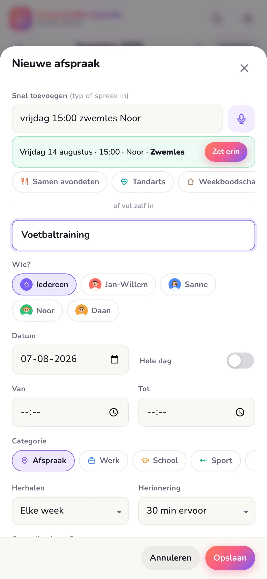 Het afsprakenformulier van Gezamenlijke Agenda met Herhalen op Elke week en de keuze voor losse weekdagen