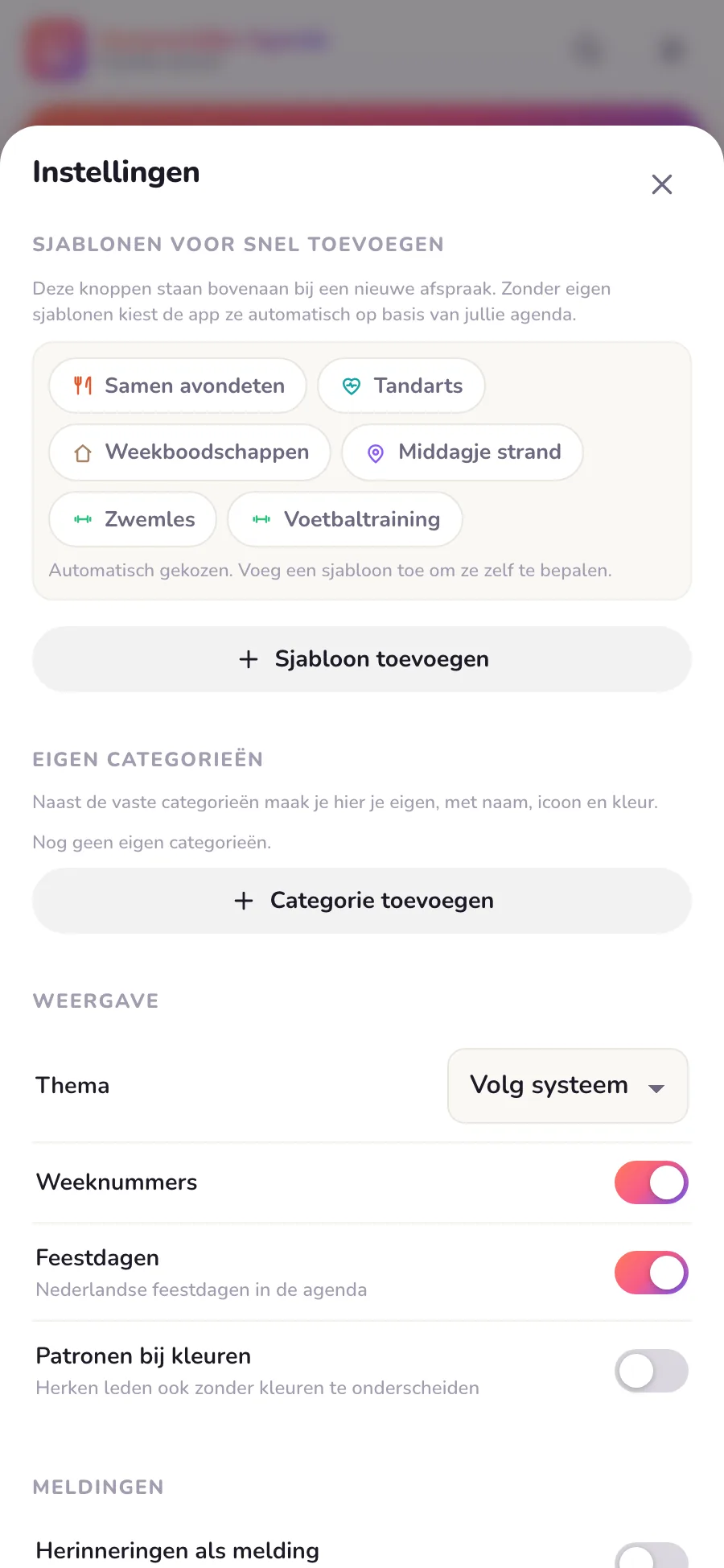 Sjablonen in de app: het avondeten staat als vast sjabloon klaar en is in twee tikken ingepland