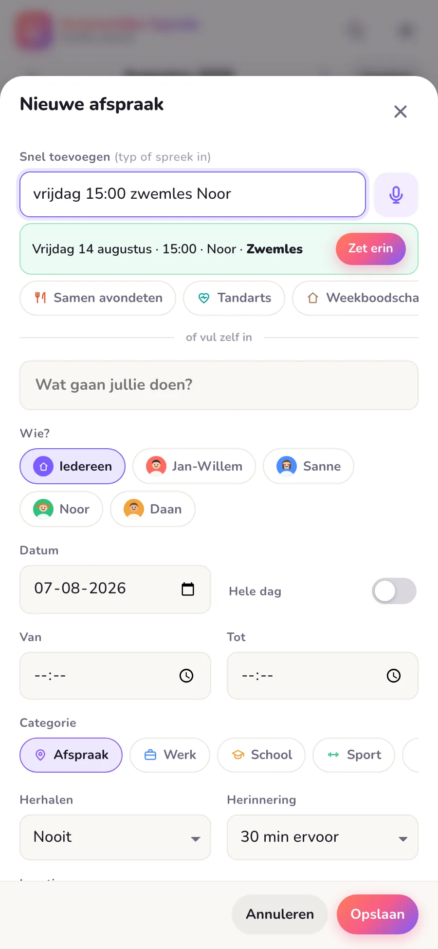 Het scherm Nieuwe afspraak met snel toevoegen en een groen voorbeeldkaartje van de afspraak