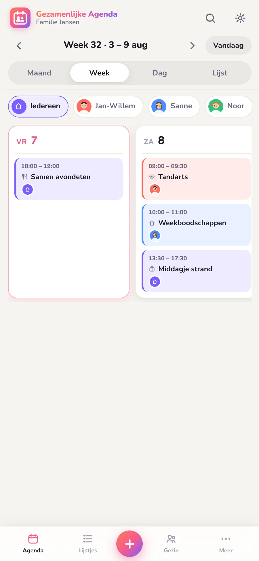Weekweergave in de app: de hele week in beeld met een eigen kleur per gezinslid